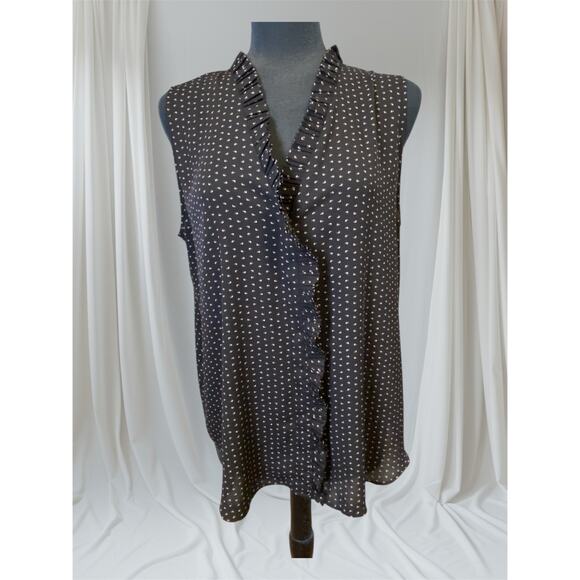 Ann Taylor Black Ruffle Neck Hidden Button Sleeveless Blouse Women's Size Large - Picture 1 of 10